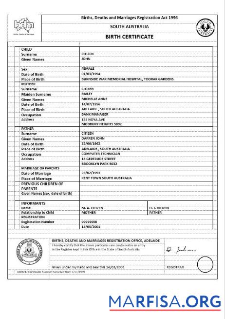 Realistic Australia South Australia birth certificate version 1 sample